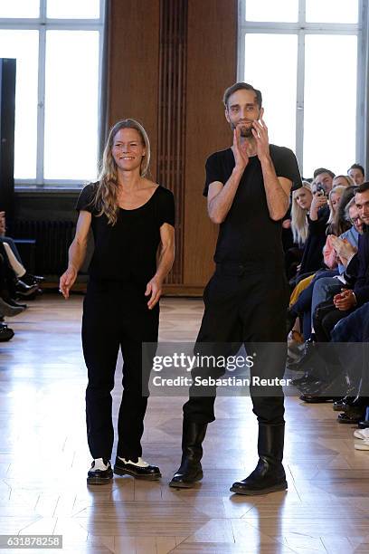 Designers Antonia Goy and Bjoern Kubeja walk the runway at the Antonia Goy defile during the Der Berliner Mode Salon A/W 2017 at Kronprinzenpalais on...