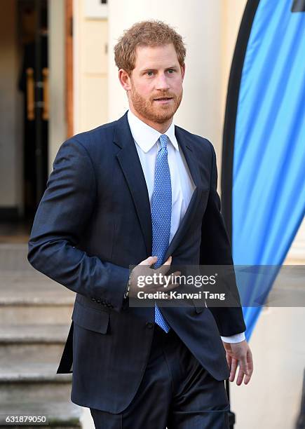 Prince Harry arrives for a briefing to announce plans for Heads Together ahead of the 2017 Virgin Money London Marathon at ICA on January 17, 2017 in...