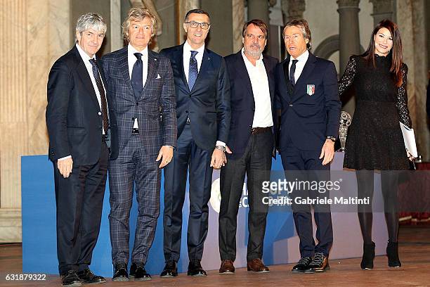 Paolo Rossi,Giancarlo Antognoni, Giuseppe Bergomi, Marco Tardelli and Gabriele Oriali during the Italian Football Federation Hall of Fame ceremony at...