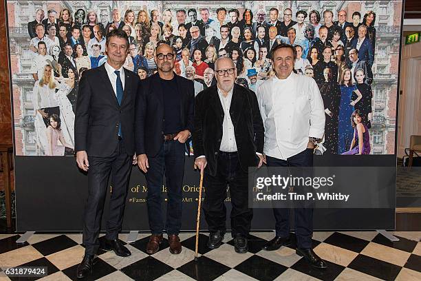 General Manager of Mandarin Oriental Hotel Group Gerard Sintes, Actor Stanley Tucci, artist Sir Peter Blake and Chef Daniel Boulud pose for a photo...