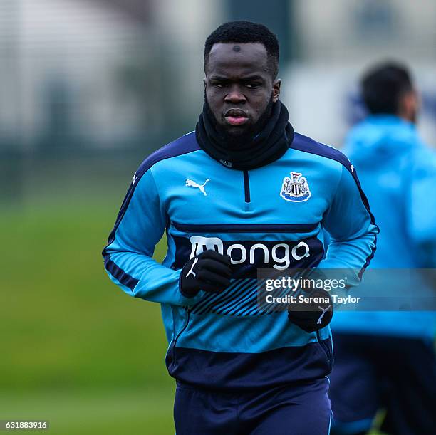 Cheick Tiote warms up during the Newcastle United Training Session at The Newcastle United Training Centre on January 17, 2017 in Newcastle upon...