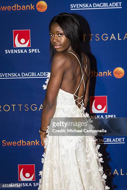 Khaddi Sagnia poses for a picture on the red carpet before the 2017 Sweden Sports Gala held at the Ericsson Globe Arena on January 16, 2017 in...