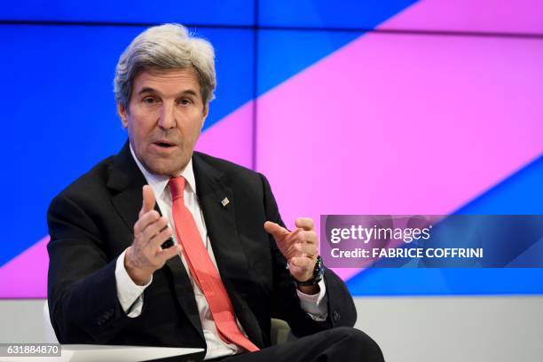 Outgoing US state secretary John Kerry delivers a speech during a meeting on the opening day of the World Economic Forum, on January 17, 2017 in...