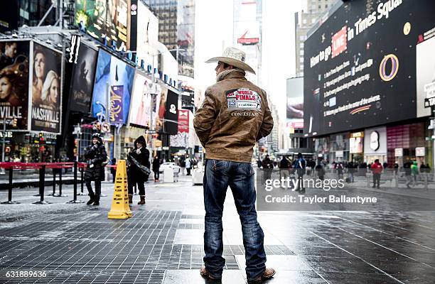 Buck Off at the Garden Preview: Rear view portrait of Luis Blanco posing during photo shoot in Time Square. New York, NY 1/8/2017 CREDIT: Taylor...