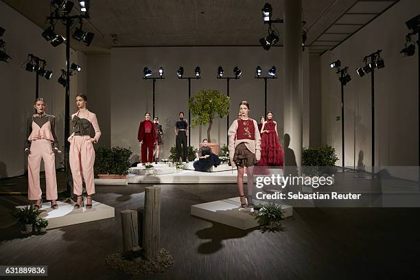 Models present fashion at the Danny Reinke show during the Mercedes-Benz Fashion Week Berlin A/W 2017 at Stage at me Collectors Room on January 17,...