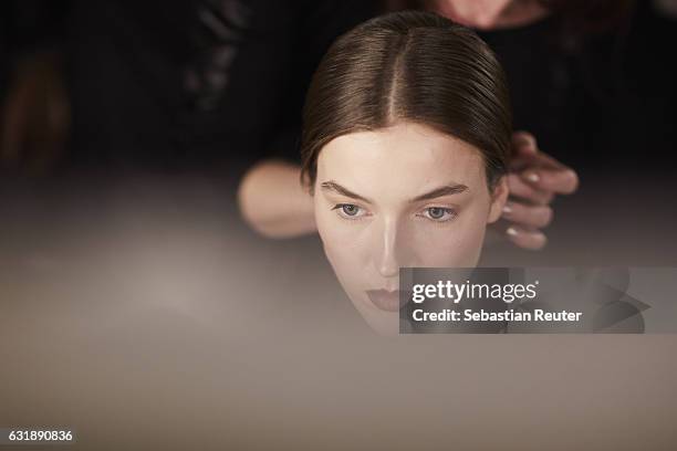 Model is seen backstage ahead of the Danny Reinke show during the Mercedes-Benz Fashion Week Berlin A/W 2017 at Stage at me Collectors Room on...