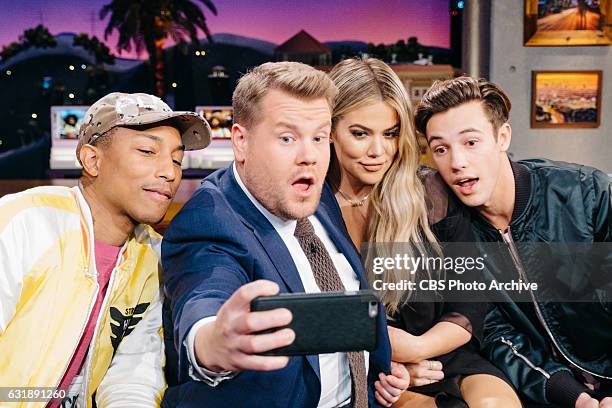 Pharrell Williams, Khloe Kardashian, and Cameron Dallas chat with James Corden during "The Late Late Show with James Corden," Wednesday, January 11,...