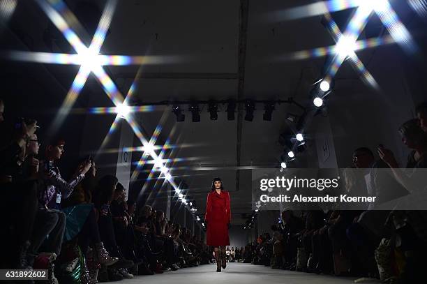 Model walks the runway at the Lena Hoschek show during the Mercedes-Benz Fashion Week Berlin A/W 2017 at Kaufhaus Jandorf on January 17, 2017 in...