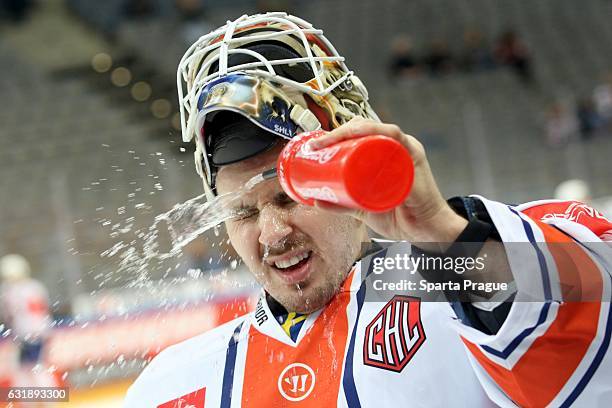 Joacim Eriksson of Vaxjo before the Champions Hockey League Semi Final match between Sparta Prague and Vaxjo Lakers at O2 Arena Prague on January 17,...