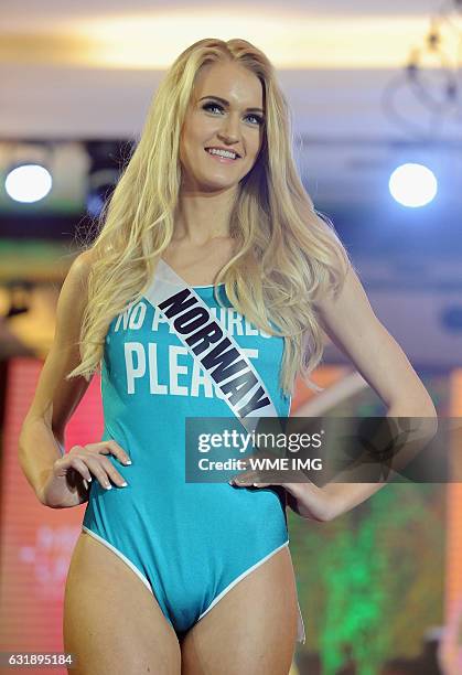 Miss Universe Norway, Christina Waage, walks the runway during a swimsuit fashion show at Jpark Island Resort and Waterpark on January, 17 in Cebu,...