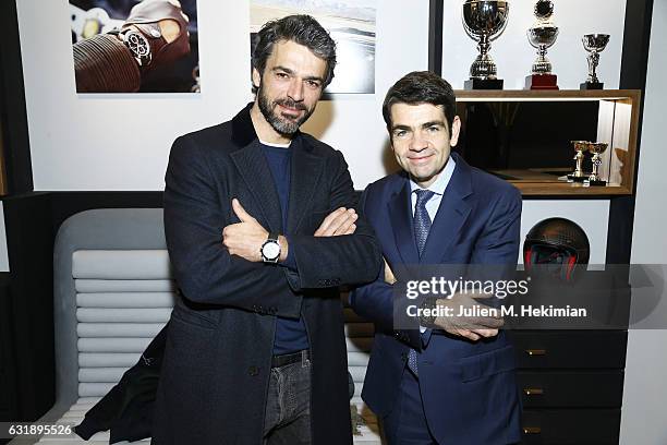 MontBlanc CEO Jerome Lambert and Luca Argentero are pictured during their visit of the Montblanc Booth At SIHH as part of the 27th Salon...