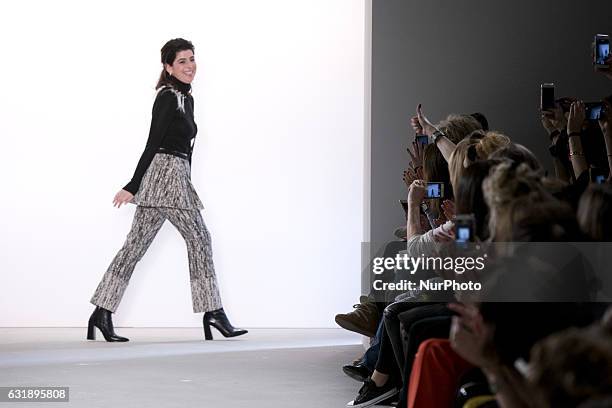Fashion designer Dorothee Schumacher acknowledge the applause of the guests at the end of her fashion show during the Mercedes-Benz Berlin Fashion...