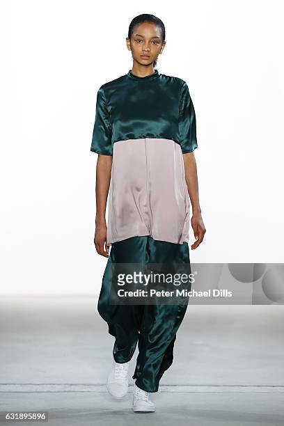 Model walks the runway at the Hien Le show during the Mercedes-Benz Fashion Week Berlin A/W 2017 at Kaufhaus Jandorf on January 17, 2017 in Berlin,...