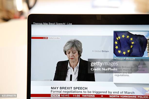 British Prime Minister is seen holding her press conference on 17 January, 2017 on the governments long anticipated Brexit plan following the...