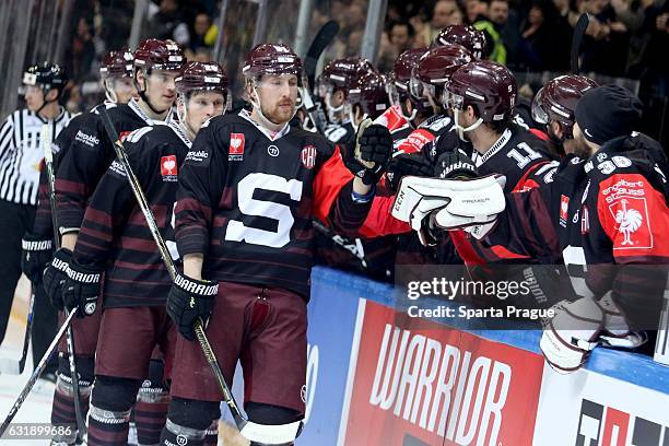 Sparta Prague celebrate a goal during the Champions Hockey League Semi Final match between Sparta Prague and Vaxjo Lakers at O2 Arena Prague on...