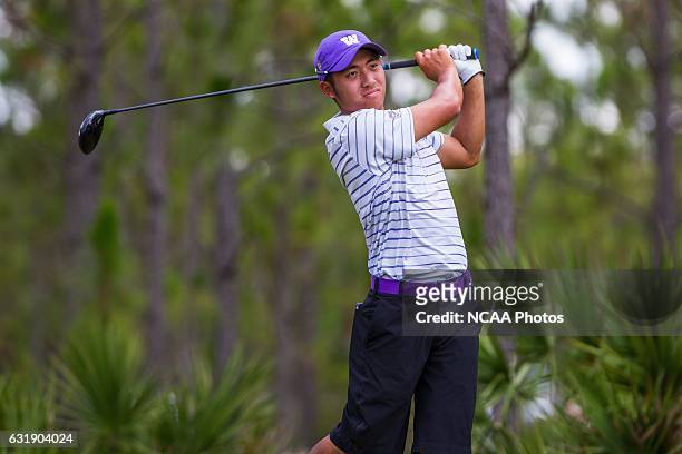 Cheng-Tsung Pan of the University of Washington tees off during stroke play at the Concession Club. Pan finished at -7 under par just below Bryson...
