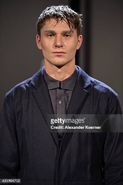 Model poses at the Brachmann presentation during the Mercedes-Benz Fashion Week Berlin A/W 2017 at Stage at me Collectors Room on January 17, 2017 in...