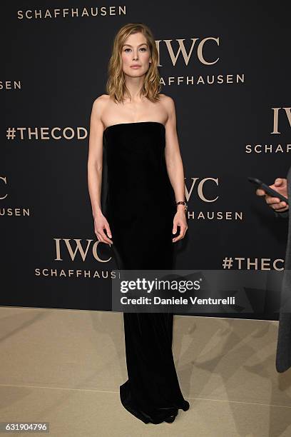 Rosamund Pike arrives at IWC Schaffhausen at SIHH 2017 "Decoding the Beauty of Time" Gala Dinner on January 17, 2017 in Geneva, Switzerland.