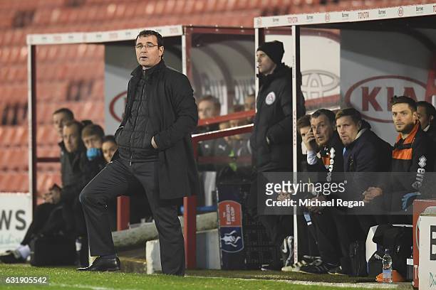 Blackpool manager Gary Bowyer looks on during the The Emirates FA Cup Third Round Replay between Barnsley and Blackpool at Oakwell Stadium on January...