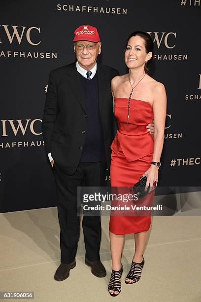 Niki Lauda and Birgit Lauda arrive at IWC Schaffhausen at SIHH 2017 "Decoding the Beauty of Time" Gala Dinner on January 17, 2017 in Geneva,...