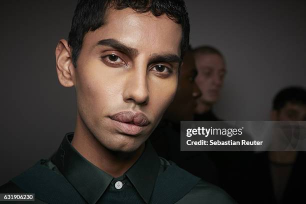 Model poses backstage ahead of the Haus of Yoshi X Bomb show during the Mercedes-Benz Fashion Week Berlin A/W 2017 at Stage at me Collectors Room on...