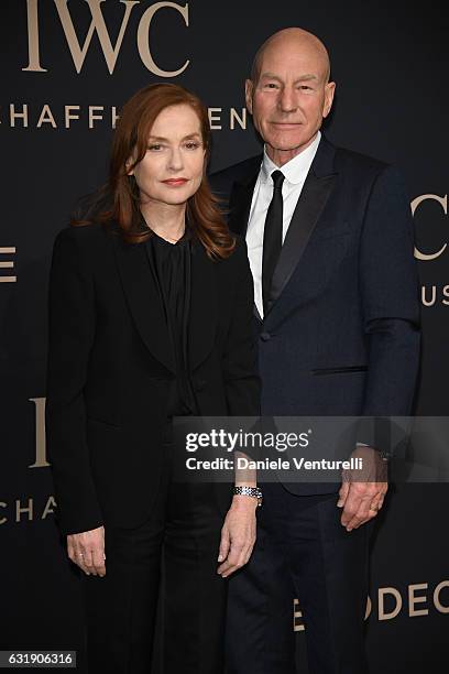 Isabelle Huppert and Patrick Stewart arrive at IWC Schaffhausen at SIHH 2017 "Decoding the Beauty of Time" Gala Dinner on January 17, 2017 in Geneva,...