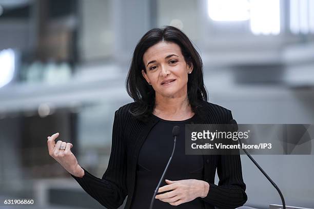 Facebook COO Sheryl Sandberg delivers a speech in order to announce that Facebook will hold a plan to support start-ups at the future startup...