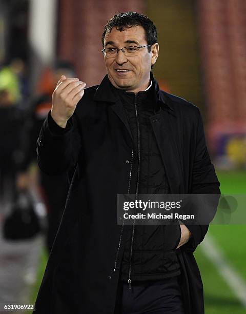 Blackpool manager Gary Bowyer looks on during the The Emirates FA Cup Third Round Replay between Barnsley and Blackpool at Oakwell Stadium on January...