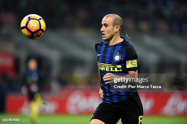 Rodrigo Palacio of FC Internazionale in action during the TIM Cup match between FC Internazionale and Bologna FC at Stadio Giuseppe Meazza on January...