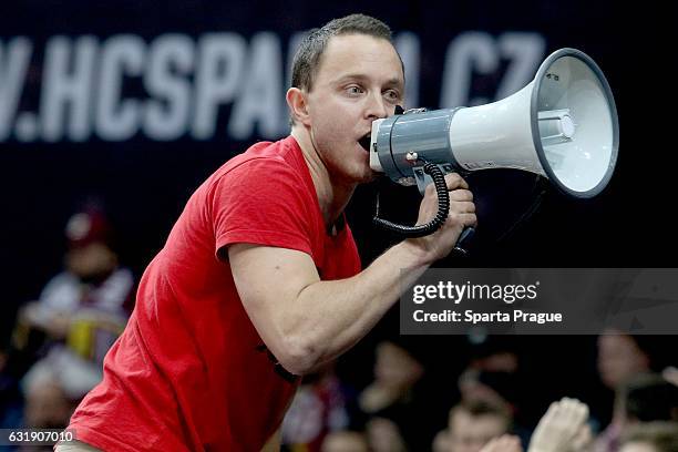 Sparta fan cheers during the Champions Hockey League Semi Final match between Sparta Prague and Vaxjo Lakers at O2 Arena Prague on January 17, 2017...