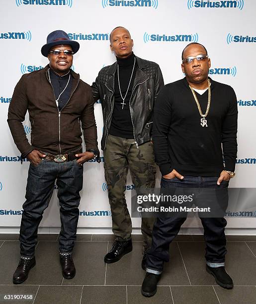 Ricky Bell, Ronnie DeVoe and Michael Bivins of New Edition sit down for a special "The Happy Hour with Heather B" on SiriusXM Fly at the SiriusXM...