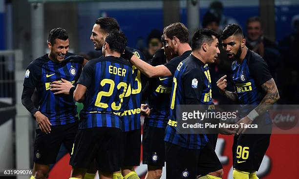 Jeison Murillo of FC Internazionale celebrates his first goal with his teammates during the TIM Cup match between FC Internazionale and Bologna FC at...