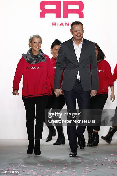 Designers Ulrich Schulte and Isi Degel walk the runway at their Riani show during the Mercedes-Benz Fashion Week Berlin A/W 2017 at Kaufhaus Jandorf...