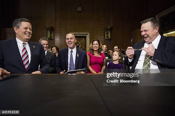 Senator Steve Daines, a Republican from Montana, from left Representative Ryan Zinke, U.S. Secretary of interior nominee for president-elect Donald...