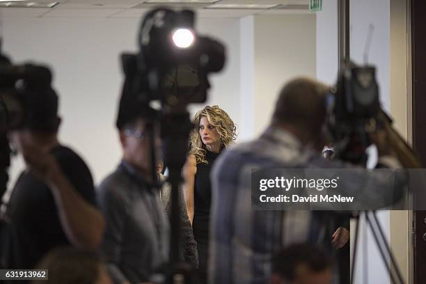 Summer Zervos arrives to a press conference with attorney Gloria Allred to announce their defamation lawsuit against President-elect Donald Trump on...