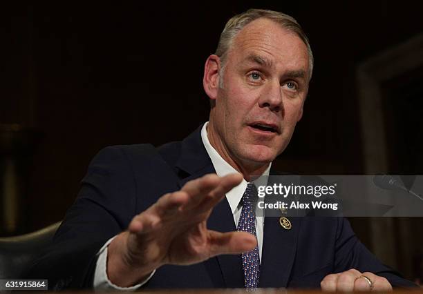 Secretary of Interior nominee, Rep. Ryan Zinke , testifies during his confirmation hearing before Senate Energy and Natural Resources Committee...