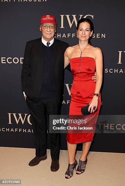 Niki Lauda and Birgit Lauda attend the IWC Schaffhausen "Decoding the Beauty of Time" Gala Dinner during the launch of the Da Vinci Novelties from...