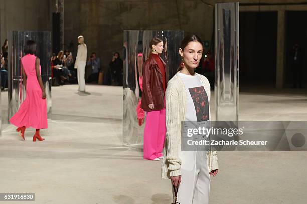 Franziska Mueller walks the runway at the Malaikaraiss show during the Mercedes-Benz Fashion Week Berlin A/W 2017 at Kronprinzenpalais on January 17,...