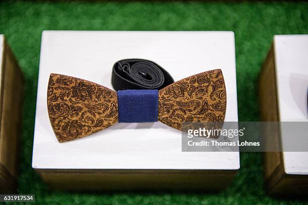 Wooden bow tie pictured at Ethical Fashion Show Berlin during Mercedes-Benz Fashion Week Berlin A/W 2017/18 at on January 17, 2017 in Berlin, Germany.