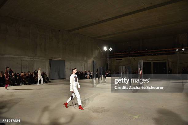 Franziska Mueller walks the runway at the Malaikaraiss show during the Mercedes-Benz Fashion Week Berlin A/W 2017 at Kronprinzenpalais on January 17,...