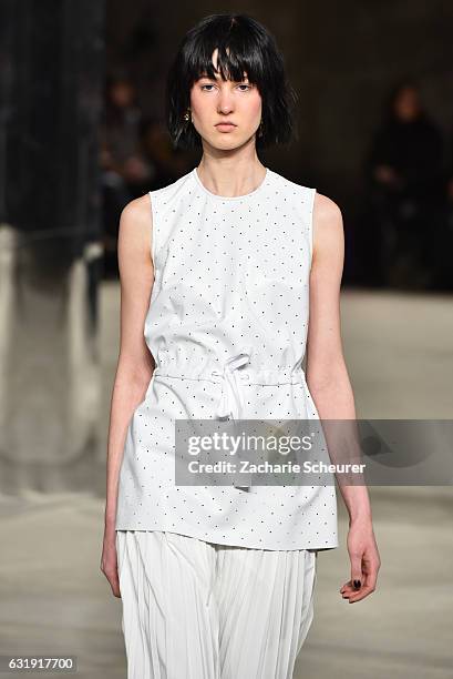 Model walks the runway at the Malaikaraiss show during the Mercedes-Benz Fashion Week Berlin A/W 2017 at Kronprinzenpalais on January 17, 2017 in...