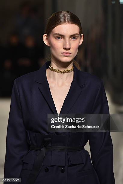 Model walks the runway at the Malaikaraiss show during the Mercedes-Benz Fashion Week Berlin A/W 2017 at Kronprinzenpalais on January 17, 2017 in...