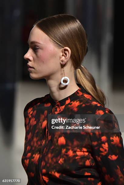 Model walks the runway at the Malaikaraiss show during the Mercedes-Benz Fashion Week Berlin A/W 2017 at Kronprinzenpalais on January 17, 2017 in...