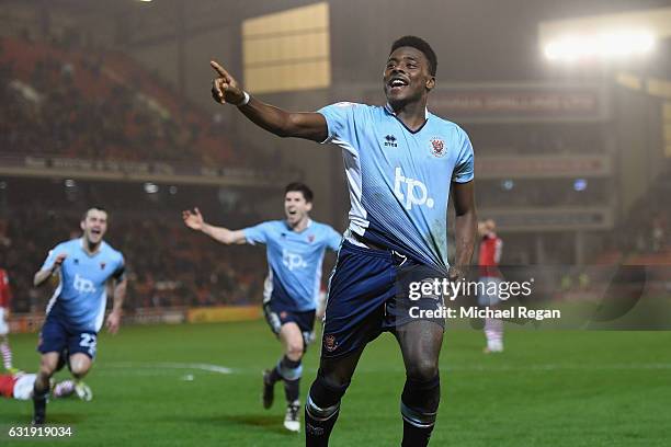 Bright Osayi-Samuel of Blackpool celebrates scoring to make it 2-1 during the The Emirates FA Cup Third Round Replay between Barnsley and Blackpool...