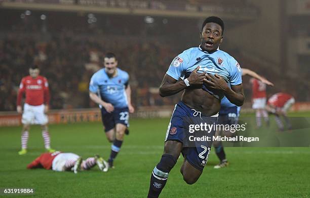 Bright Osayi-Samuel of Blackpool celebrates scoring to make it 2-1 during the The Emirates FA Cup Third Round Replay between Barnsley and Blackpool...