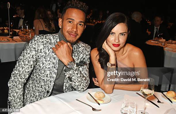 Lewis Hamilton and Adriana Lima attend the IWC Schaffhausen "Decoding the Beauty of Time" Gala Dinner during the launch of the Da Vinci Novelties...