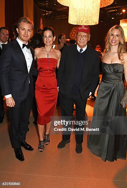 Nico Rosberg, Birgit Lauda, Niki Lauda and Vivian Rosberg attend the IWC Schaffhausen "Decoding the Beauty of Time" Gala Dinner during the launch of...