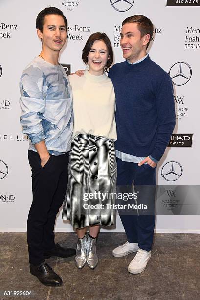 Tim Oliver Schultz, Lea van Acken and Jannik Schuemann attend the Hien Le show during the Mercedes-Benz Fashion Week Berlin A/W 2017 at Kaufhaus...