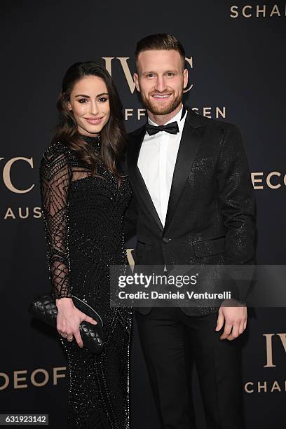 Vjosa Kaba and Shkodran Mustafi arrive at IWC Schaffhausen at SIHH 2017 "Decoding the Beauty of Time" Gala Dinner on January 17, 2017 in Geneva,...