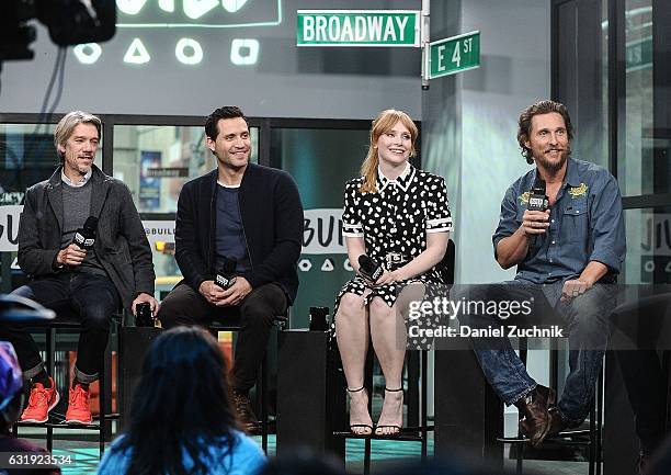 Stephen Gaghan, Edgar Ramirez, Bryce Dallas Howard and Matthew McConaughey attend the Build Series to discuss the new film 'Gold' at Build Studio on...